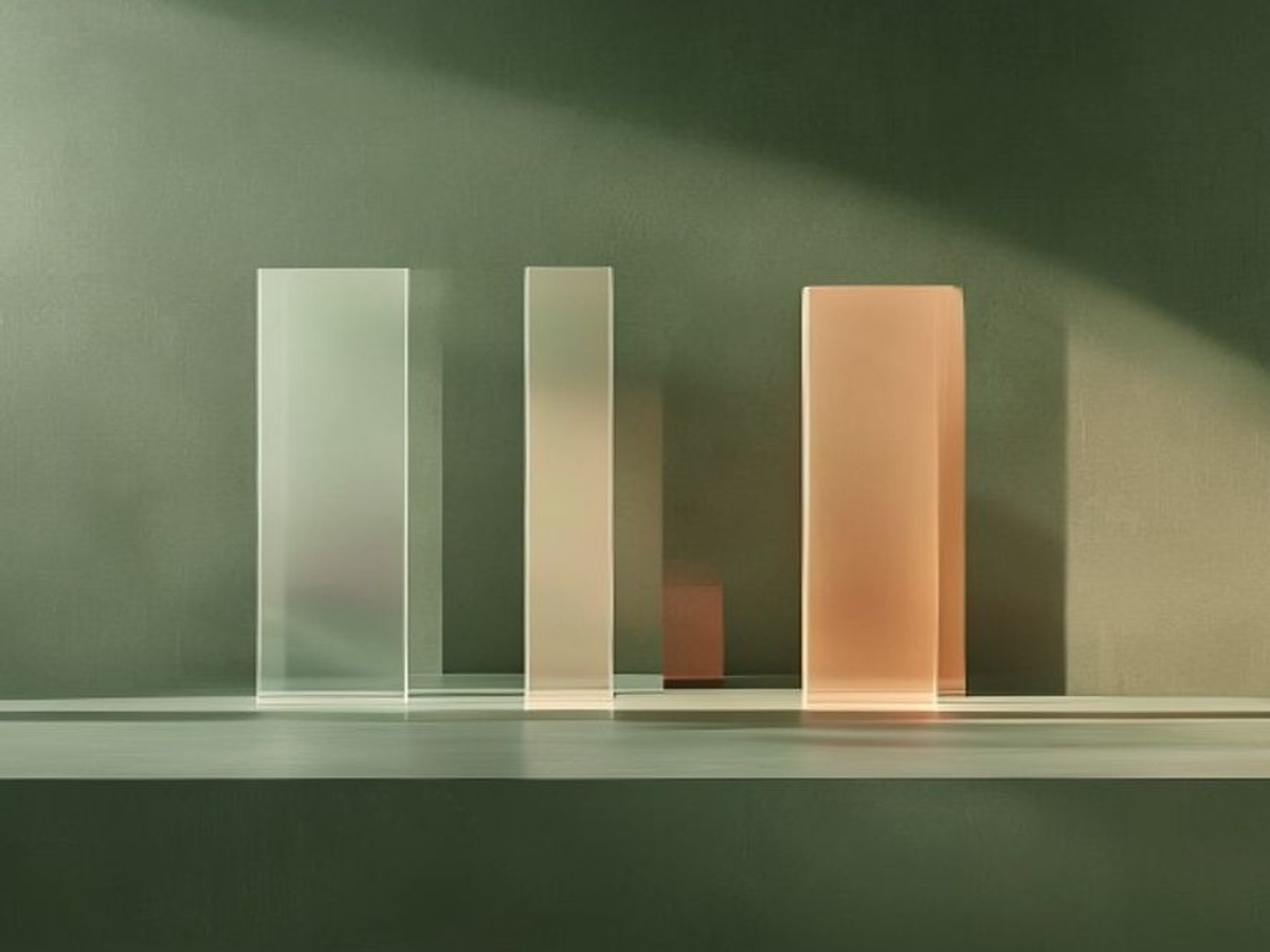 Translucent ivory and terracotta architectural columns stand against a calm deep green modern surface.