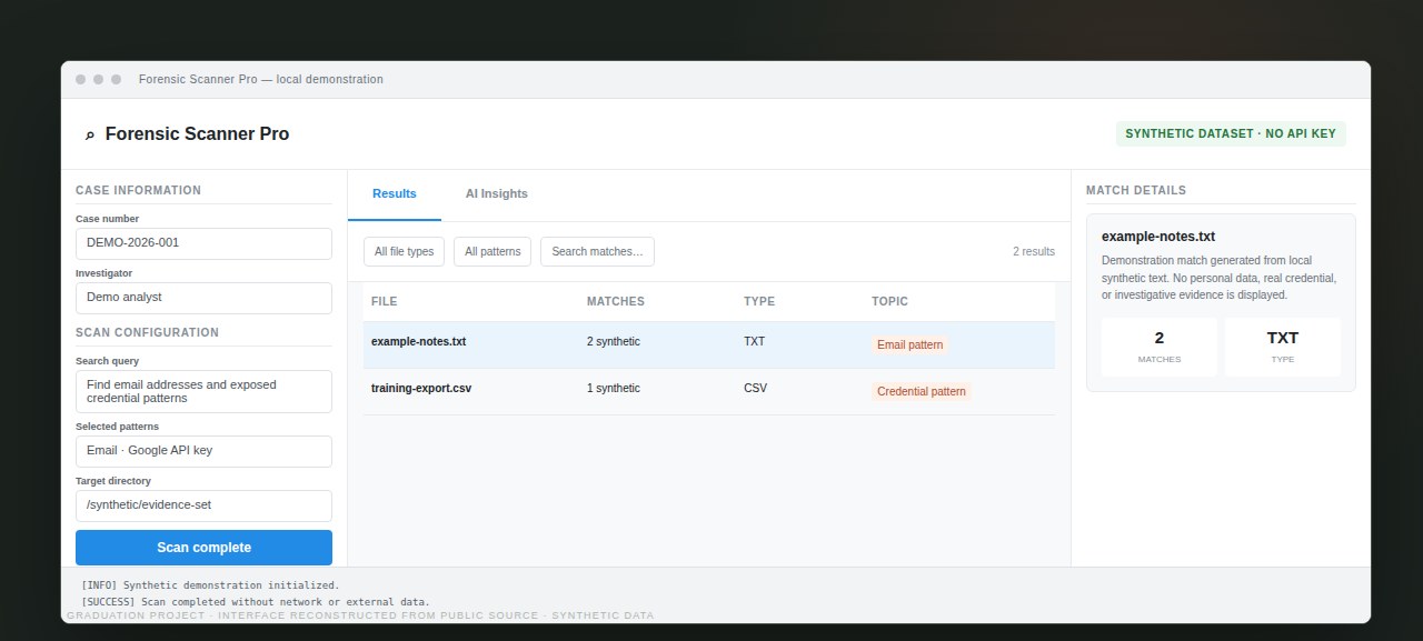 Forensic Scanner Pro desktop interface with synthetic case controls, two demo results, and no API key.
