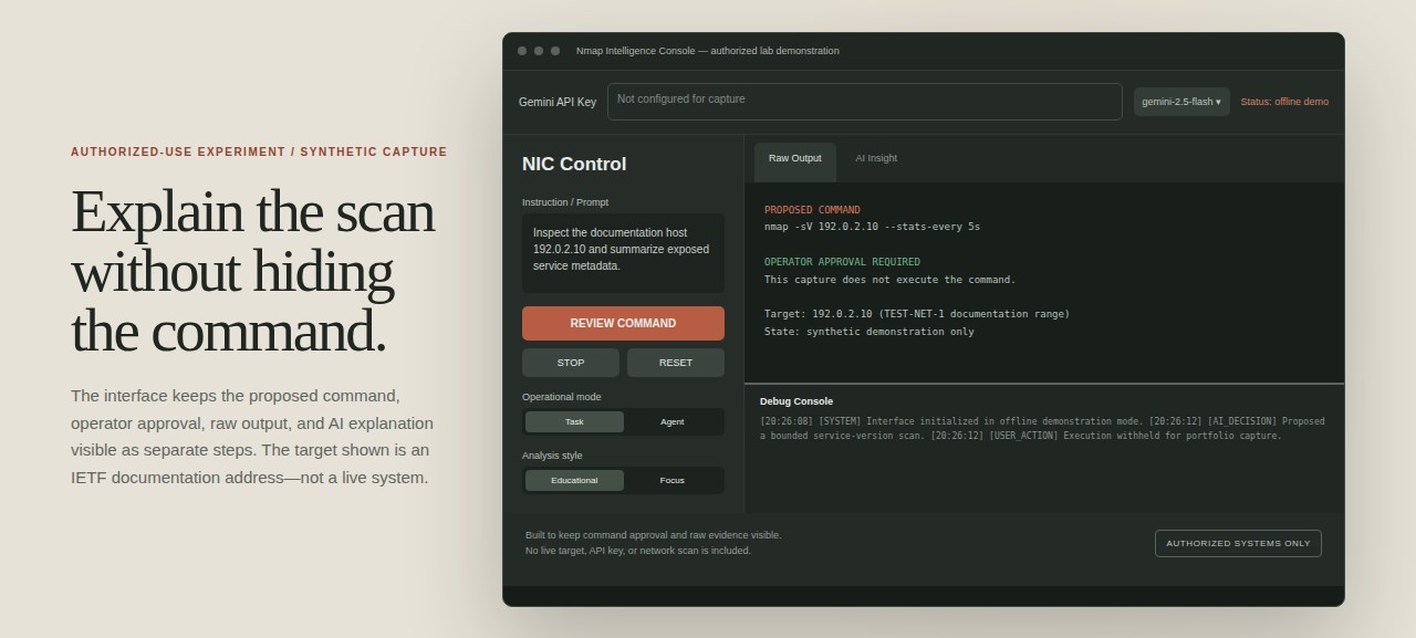Nmap Intelligence Console prototype showing a proposed command for reserved address 192.0.2.10, operator approval, raw output, and a debug log.